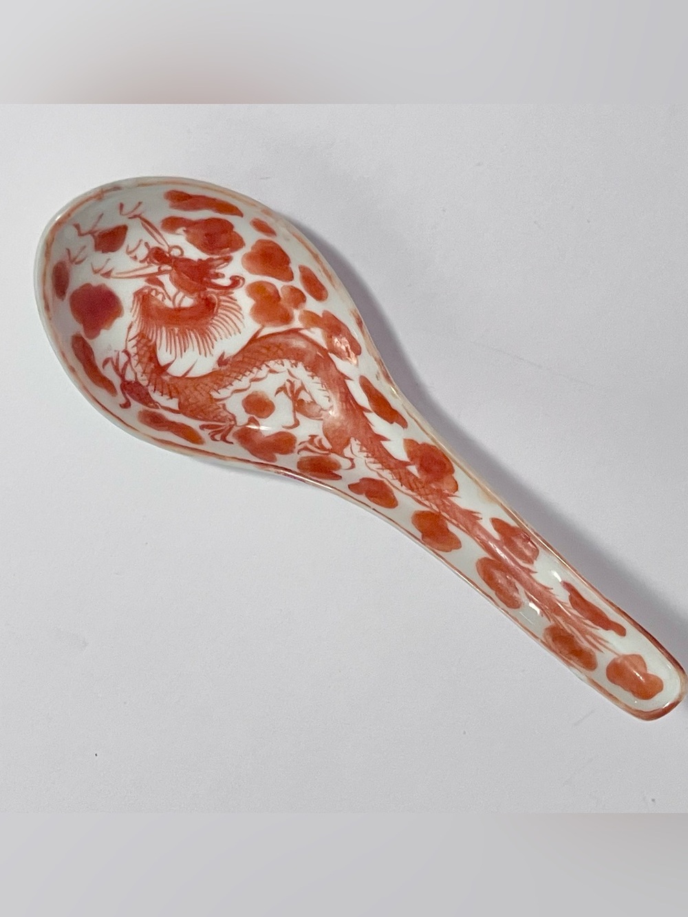 Antique QING DYNASTY (1644–1911) Porcelain Spoon / HAND PAINTED Iron Red DRAGON